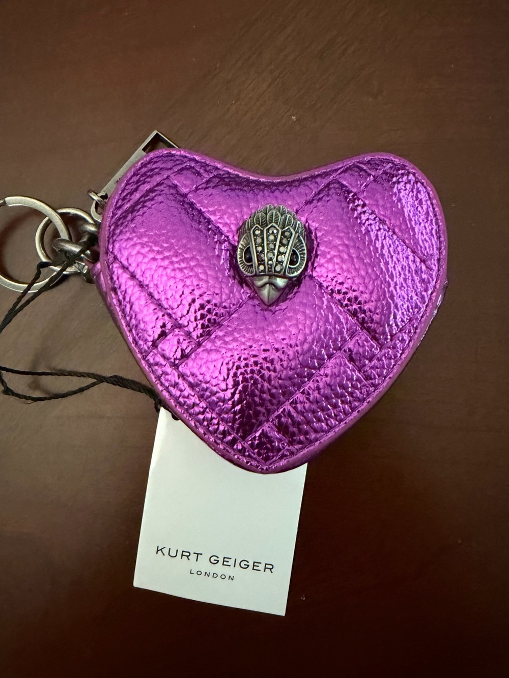 KURT GEIGER KENSINGTON HEART Metallic Purplish Pink Bag Charm Coin Purse NWT